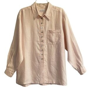 LORD & TAYLOR 100% Linen Button-Up Tunic Blouse Top Large Pink Lagen Loo…